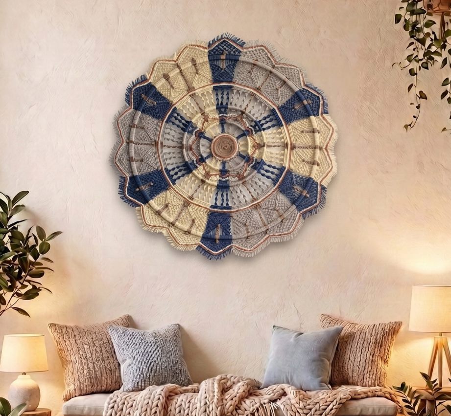 Mandala de tamanho grande em macrame pendurada em parede para deixar uma sala de estar aconchegante